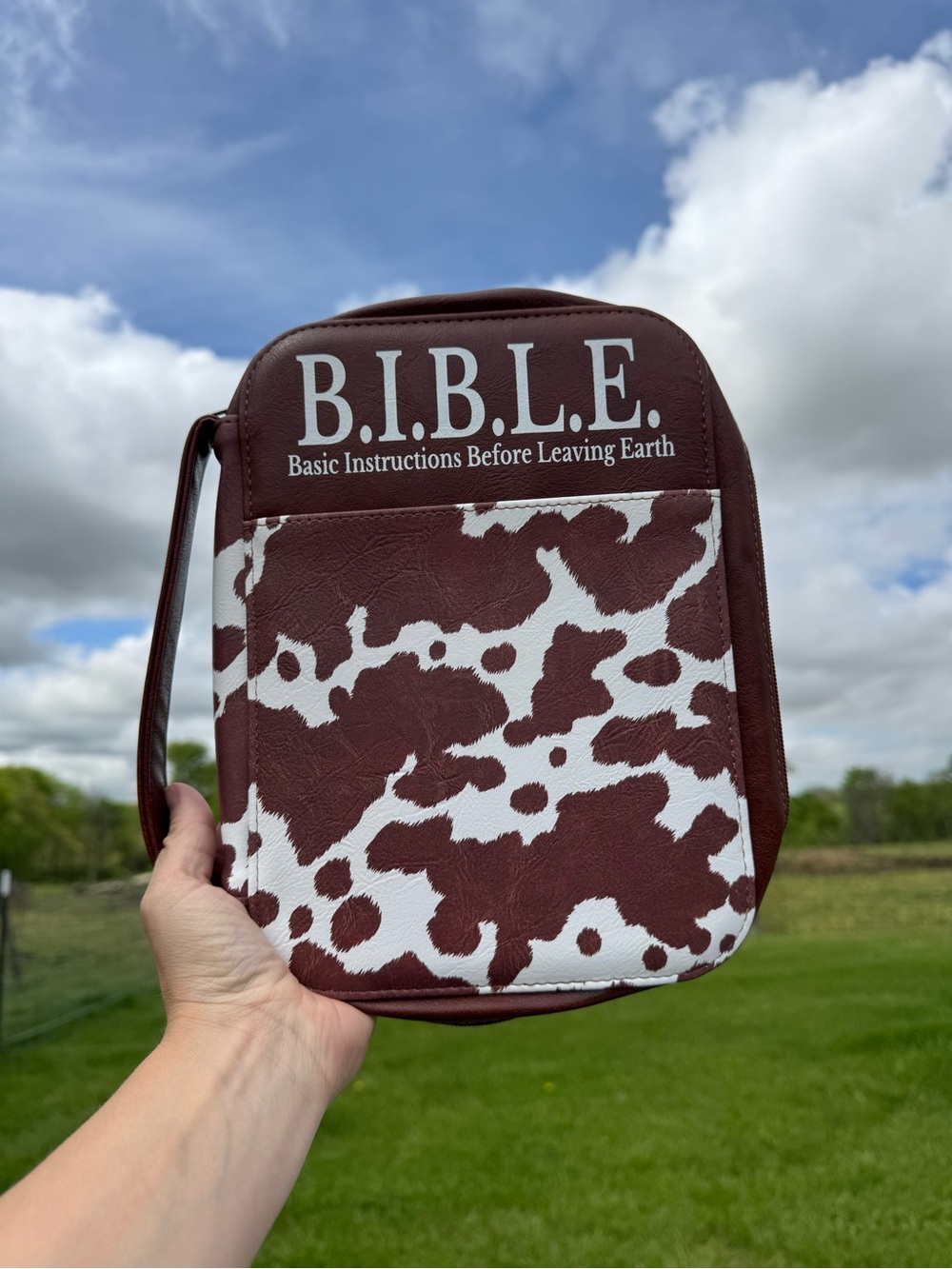 B.I.B.L.E. Brown and White Cowhide Print Bible Carry Bag